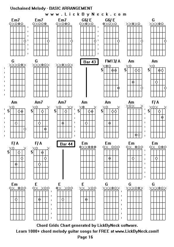 Chord Grids Chart of chord melody fingerstyle guitar song-Unchained Melody - BASIC ARRANGEMENT,generated by LickByNeck software.